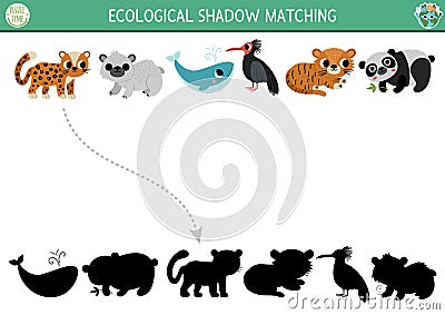 Ecological shadow matching activity with endangered species. Earth day puzzle. Find correct silhouette printable worksheet or game Vector Illustration