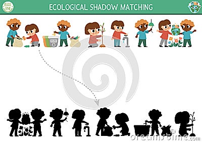 Ecological shadow matching activity with kids caring of environment. Earth day puzzle. Find correct silhouette printable worksheet Vector Illustration