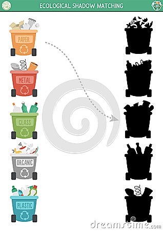 Ecological shadow matching activity with waste sorting concept. Earth day puzzle. Find correct silhouette printable worksheet or Vector Illustration