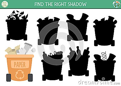 Ecological shadow matching activity with waste sorting concept. Earth day puzzle. Find correct silhouette printable worksheet or Vector Illustration