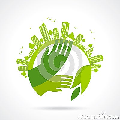 Ecological symbols and signs,human's hands and green growing plants Vector Illustration