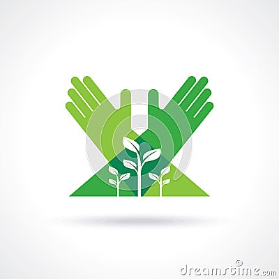 Ecological symbols and signs,human's hands and green growing plants Vector Illustration