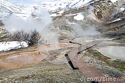 Ecological trail for tourists in the Valley of Geysers in Kamchatka in spring Stock Photo