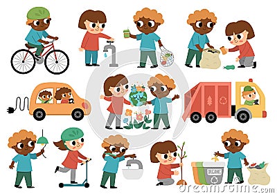 Ecological vector set with children. Cute eco friendly kids collection. Boys and girls saving water, energy, seeding plants, Vector Illustration