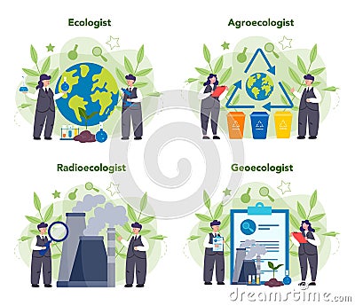 Ecologist taking care of Earth and nature concept. Set of scientist Vector Illustration