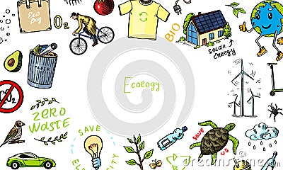 Ecology background. Zero waste. Hand drawn eco transport, bio. Waste sorting and recycling. Windmills and nature Vector Illustration