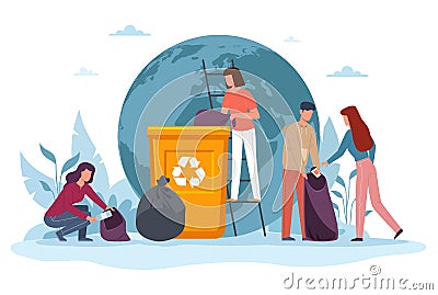 Ecology cartoon people banner. Eco volunteers women and men cleanse Earth from pollution, garbage sorting in trash can Vector Illustration