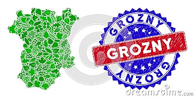 Bicolor Grozny Grunge Seal and Eco Green Mosaic of Chechnya Map Vector Illustration