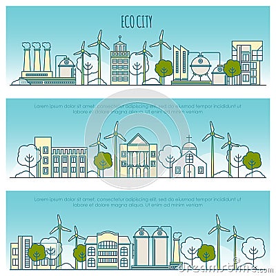 Ecology city banners. Vector template with thin line icons of eco technology, sustainability of local environment Vector Illustration