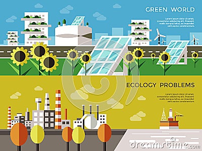 Ecology Colored Banner Set Vector Illustration