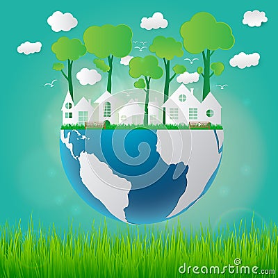 Ecology concept eco friendly and save the earth with grass Vector Illustration