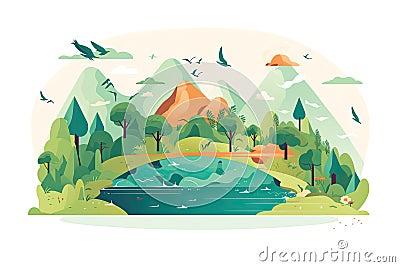 Ecology concept with green planet and trees. Vector flat illustration AI generated Cartoon Illustration