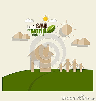 Ecology concept. Paper cut of family and tree on green background. Vector illustration. Vector Illustration