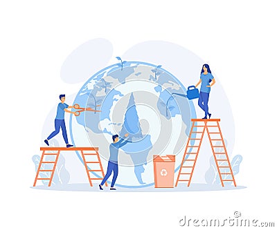 Ecology concept. People are preparing for the holiday, saving the planet, World Environment Day, Vector Illustration