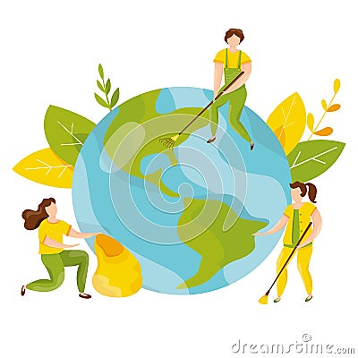 Ecology concept. People take care about planet ecology. Protect nature and ecology banner. Earth day. Globe with trees Vector Illustration