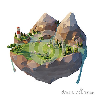 Ecology concept renewable green energy in 3d low poly style. Floating island wind turbine. Mountain with river and trees. 3d Cartoon Illustration