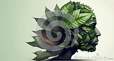 ecology concept. Silhouette of a head from green leaves.Ecologist, Zero Vaste, Vegan and Vegetarian.Caring for nature Stock Photo