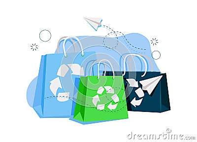 Ecology - Eco package -Modern flat vector concept illustration of a paper bag durrounded by plants. Vector Illustration