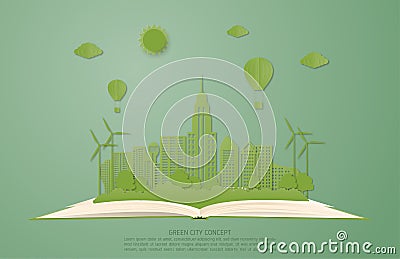 Ecology and environment conservation concept. Green city landscape on open book in paper cut style Vector Illustration