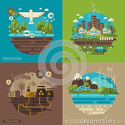 Ecology, environment, green energy and pollution Vector Illustration