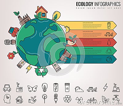 Ecology and environment infographics. Green planet with ecology icons. Hand drawn illustration. Vector Vector Illustration