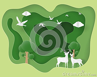 Ecology and environmental background concept. Love couple deer in forest in paper cut style. Vector illustration. Wallpaper, Vector Illustration