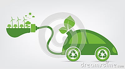 Ecology and Environmental Cityscape Concept,Car Symbol With Green Leaves Around Cities Help The World With Eco-Friendly Ideas Vector Illustration
