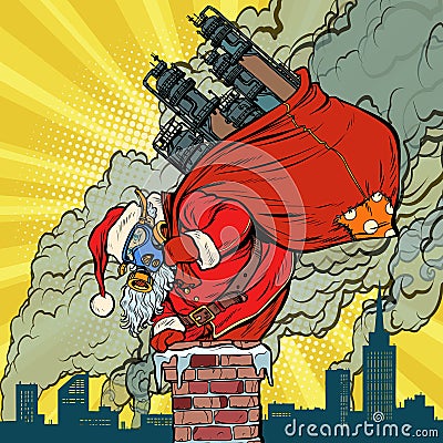 Ecology factory pipe, dirty air face mask. Santa Claus with gift Vector Illustration