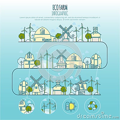Ecology farm infographic. Vector template with thin line icons of eco farm technology, sustainability of local Vector Illustration
