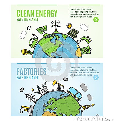 Ecology Flyer Clean Energy and Factories Banner Posters Card Set. Vector Vector Illustration