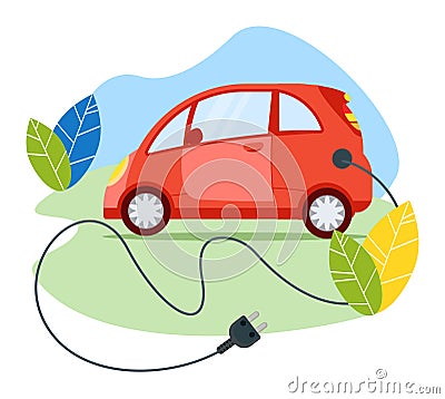 Ecology friendly electric car modern transport vehicle, red passenger auto with cable plug isolated on white, flat Vector Illustration