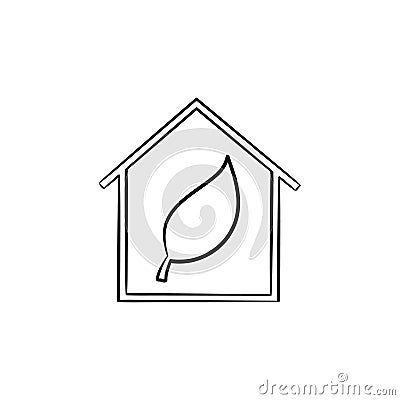 Ecology friendly house with leaf hand drawn icon. Vector Illustration