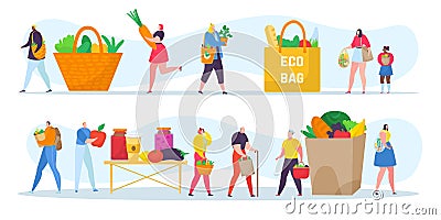 Ecology friendly people set concept, vector illustration. Flat tiny man woman character shopping, use eco paper bag Vector Illustration