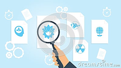 Ecology, globe, plant file, document research vector illustration. Document with search icons. File and magnifying glass. Cartoon Illustration