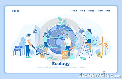 Ecology, Green Eco City planet, Eco-friendly ideas. Bio technology. People take care about planet ecology - watering, gathering ga Vector Illustration