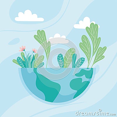 Ecology half world with flowers leaves, save planet protect nature and ecology Vector Illustration