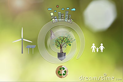 Ecology house and solar, windmill, recycle, family. Stock Photo