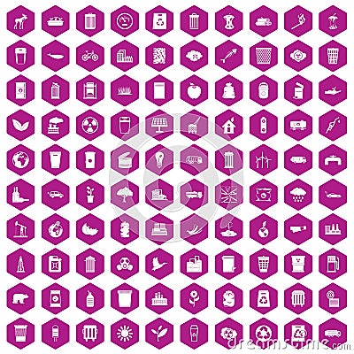 100 ecology icons hexagon violet Vector Illustration