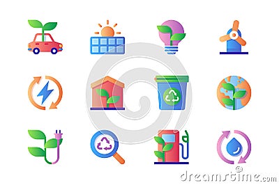 Ecology icons set in color flat design. Pack of electric car, green energy, solar panels, light bulb, windmill, smart home, Vector Illustration