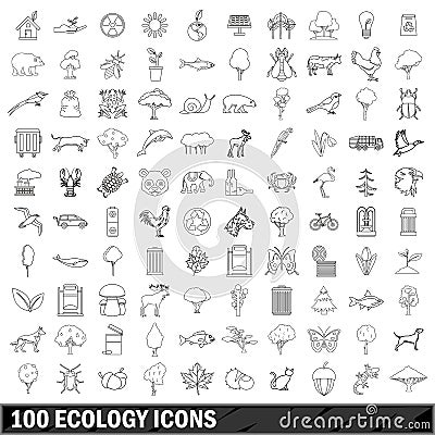 100 ecology icons set, outline style Vector Illustration