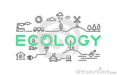 Ecology line concept. Global worming nature ecosystem green environment recycling industry. Business innovation eco set Vector Illustration