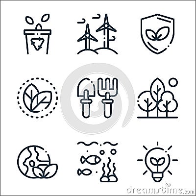 Ecology line icons. linear set. quality vector line set such as light bulb, ocean, earth, nature, gardening tools, leaf, ecology, Vector Illustration
