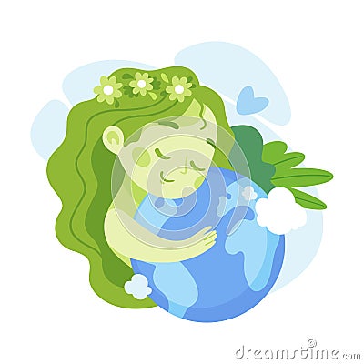 Ecology with Little Girl Character Tender Embrace Planet Earth Enjoy Sustainable Lifestyle Vector Illustration Vector Illustration