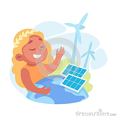 Ecology with Little Girl Character with Windmill and Solar Panel Enjoy Sustainable Lifestyle Vector Illustration Stock Photo