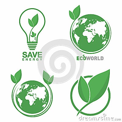 Ecology logo set. Eco world, green leaf, energy saving lamp symbol. Eco friendly concept for company logo Vector Illustration