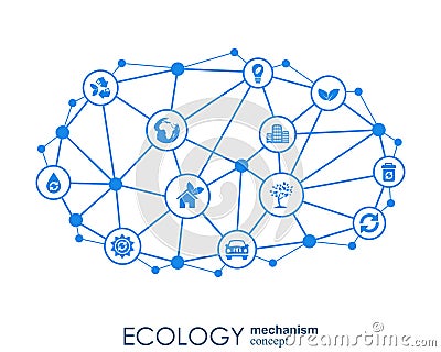 Ecology mechanism concept. Abstract background with connected gears and icons for eco friendly, energy, environment Vector Illustration