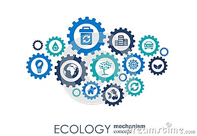 Ecology mechanism concept. Abstract background with connected gears and icons for eco friendly, energy, environment Vector Illustration