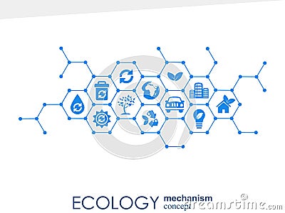 Ecology mechanism concept. Abstract background with connected gears and icons for eco friendly, energy, environment Vector Illustration