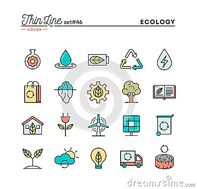 Ecology, nature, clean energy, recycling and more, thin line col Vector Illustration