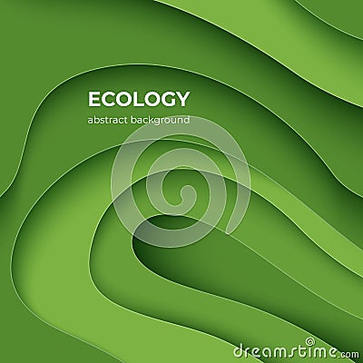 Ecology paper cut poster. Green eco abstract 3D layer background with origami shapes, minimal color paper cutout flyers Vector Illustration